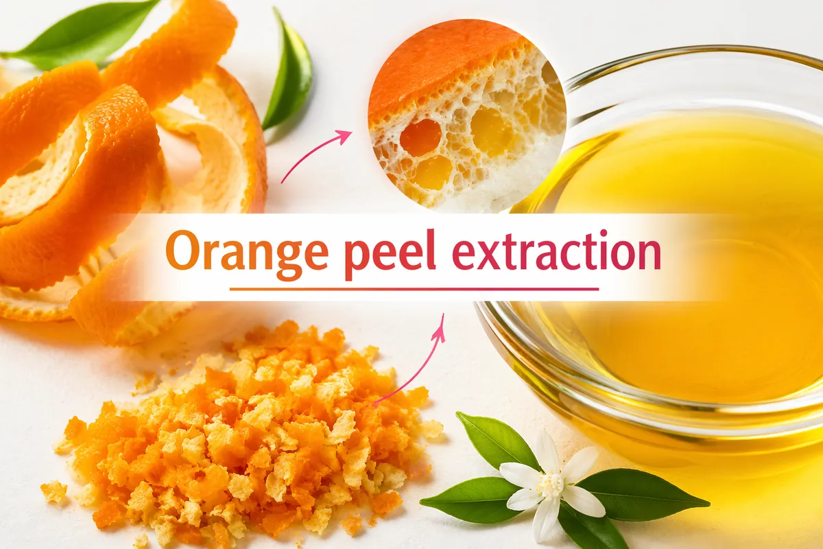 Citrus peel and grated peel residue next to a bowl of recovered extract