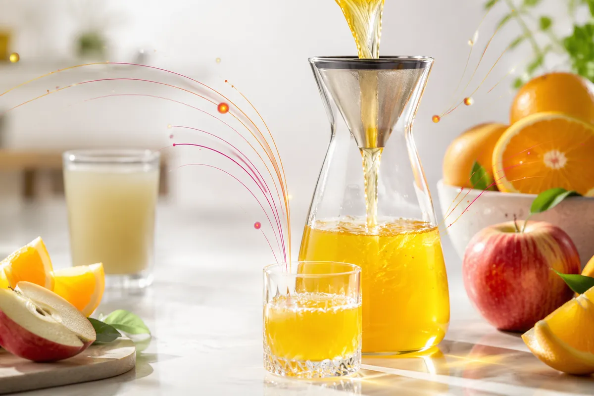 Cloudy fruit juice next to clarified juice passing through a filter
